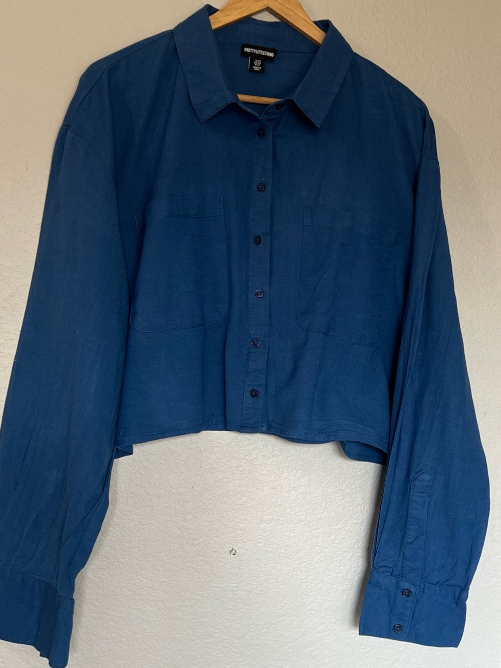 PrettyLittleThing Blue Linen Like Blend Crop Button Down Long Sleeve Shirt SZ 16